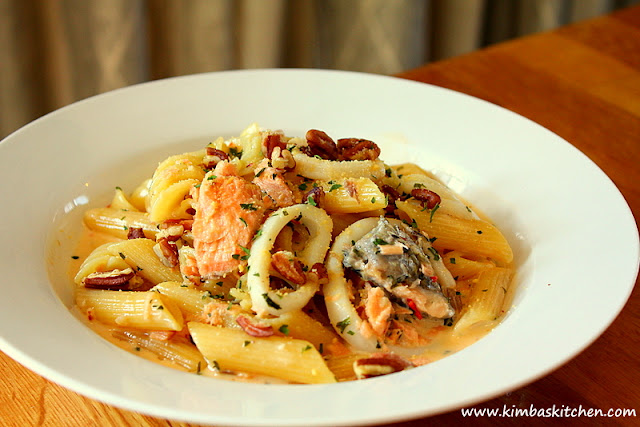 Salmon and Squid Pasta with Creamy Chilli, Garlic, Lemon and Parsley Sauce