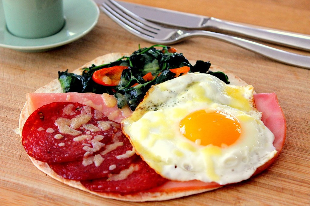Lazy Sunday Series: Crispy Tortilla with Ham, Spinach, Chilli and Fried Egg by Curtis&nbsp;Stone