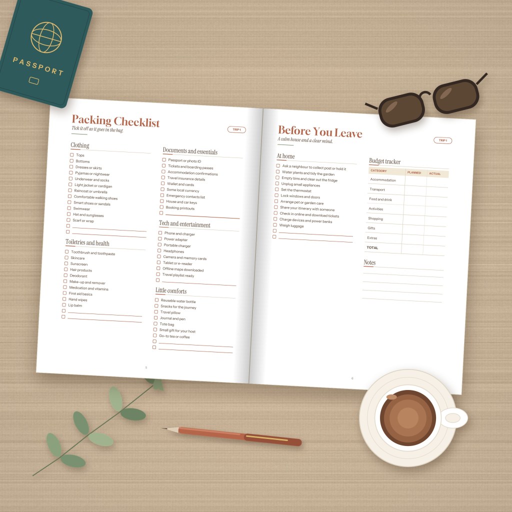 The Getaway Planner in a travel flat lay