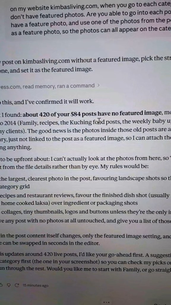 My request to Claude to add featured photos to old blog posts