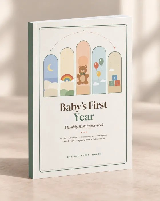 Baby's First Year: A Month by Month Memory Book standing on a table