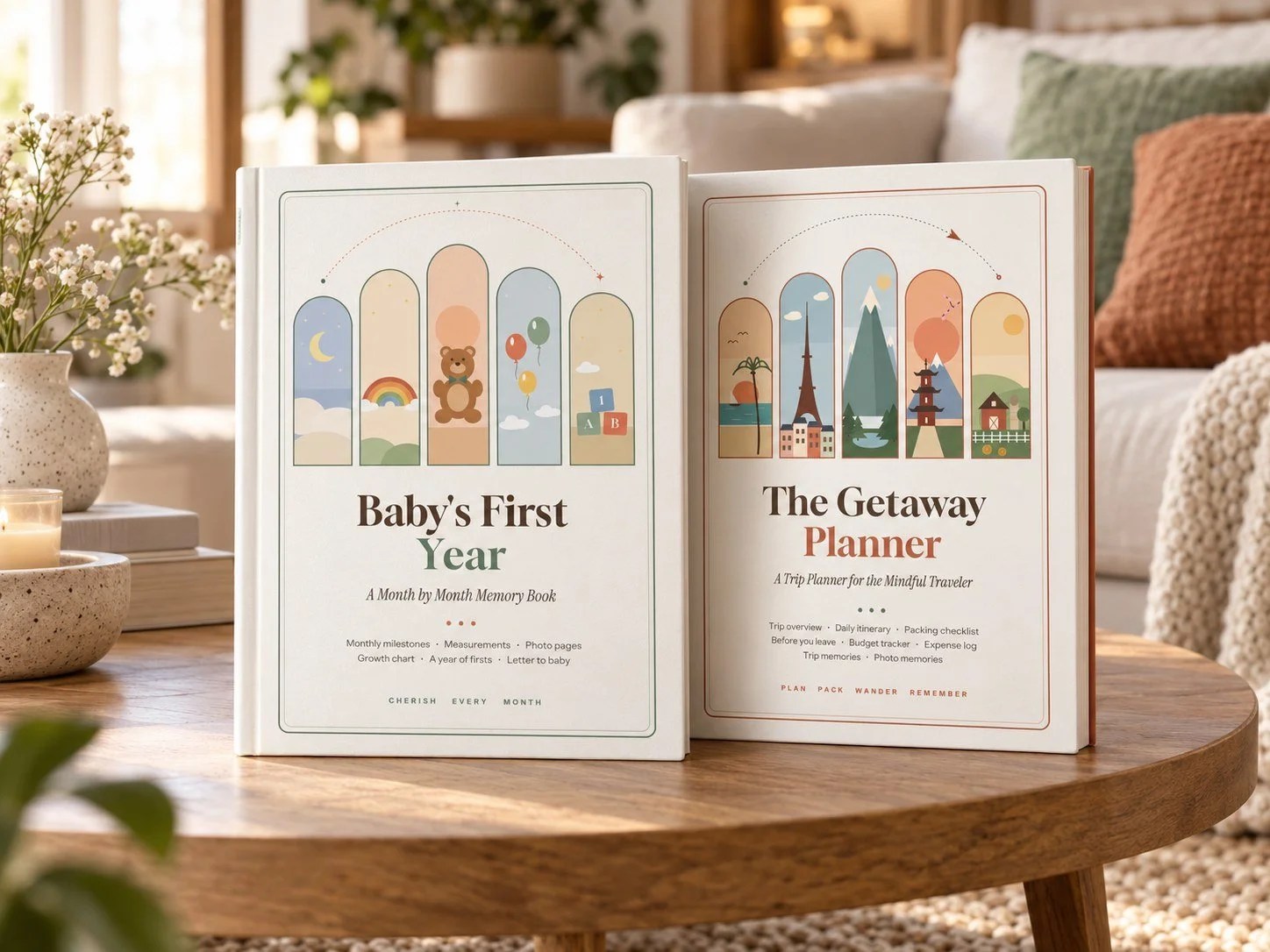 Baby's First Year and The Getaway Planner standing side by side on a coffee table