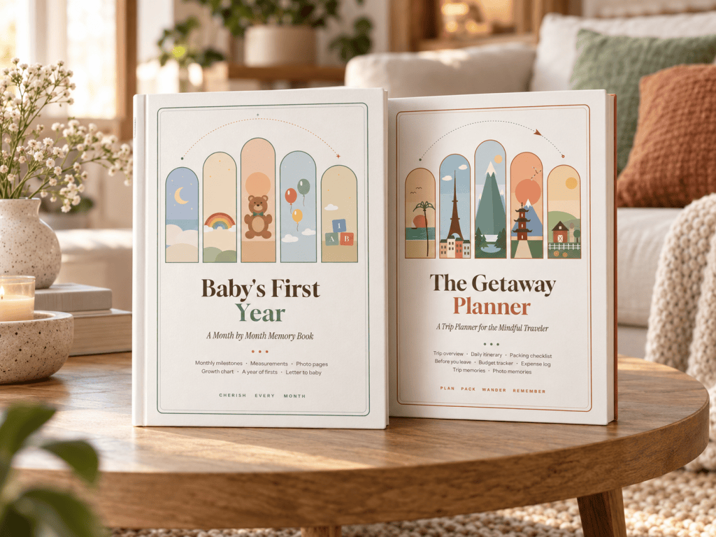 Baby's First Year memory book and The Getaway Planner hardcovers standing on a wooden coffee table