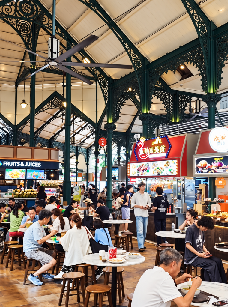 A bustling food court filled with people dining and socializing, featuring a high ceiling with decorative architecture and multiple food stalls displaying various cuisines.