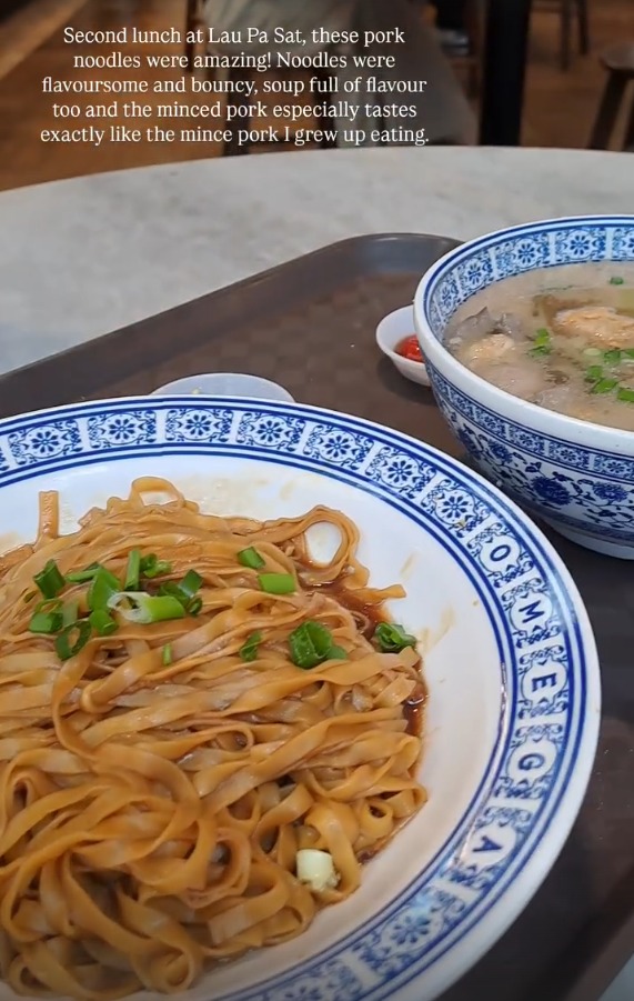 Dry pork noodles with spring onion and a bowl of pork soup