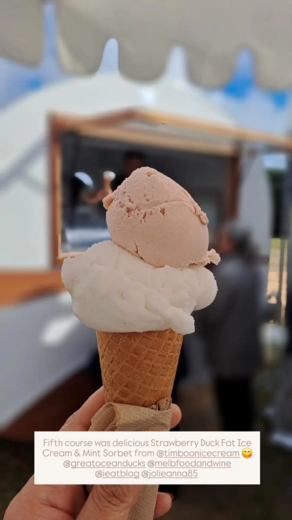 Strawberry duck fat ice cream and mint sorbet in a cone